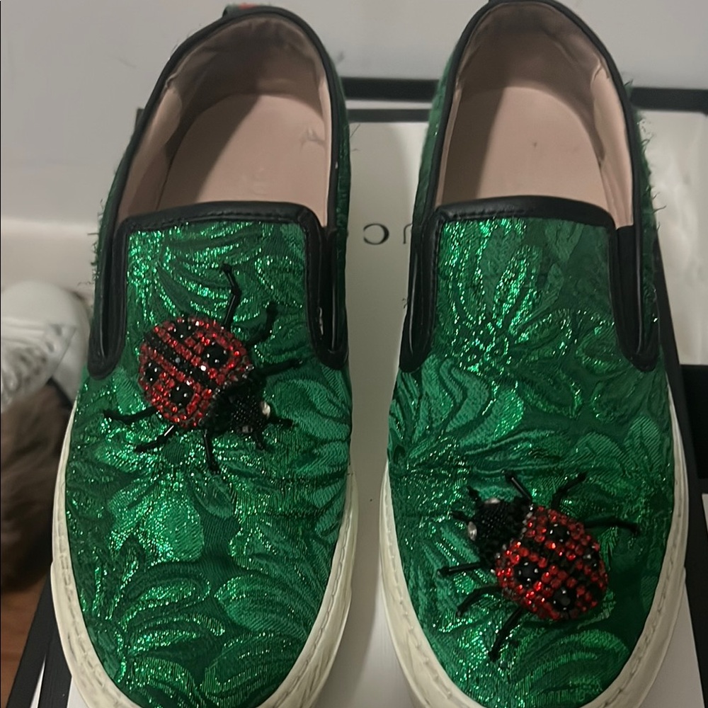Gucci Green Moccasins with Ladybug Design